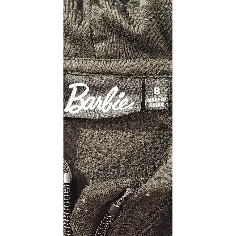 Barbie Hoodie Girls Size 8 Black Full Zip Fleece‎ Logo Graphic Sweatshirt
